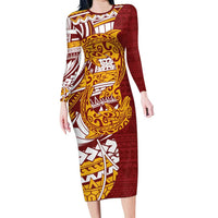Couple Dolphins Maori Motif Family Matching Long Sleeve Bodycon Dress and Hawaiian Shirt LT9 Mom's Dress Burgundy - Polynesian Pride