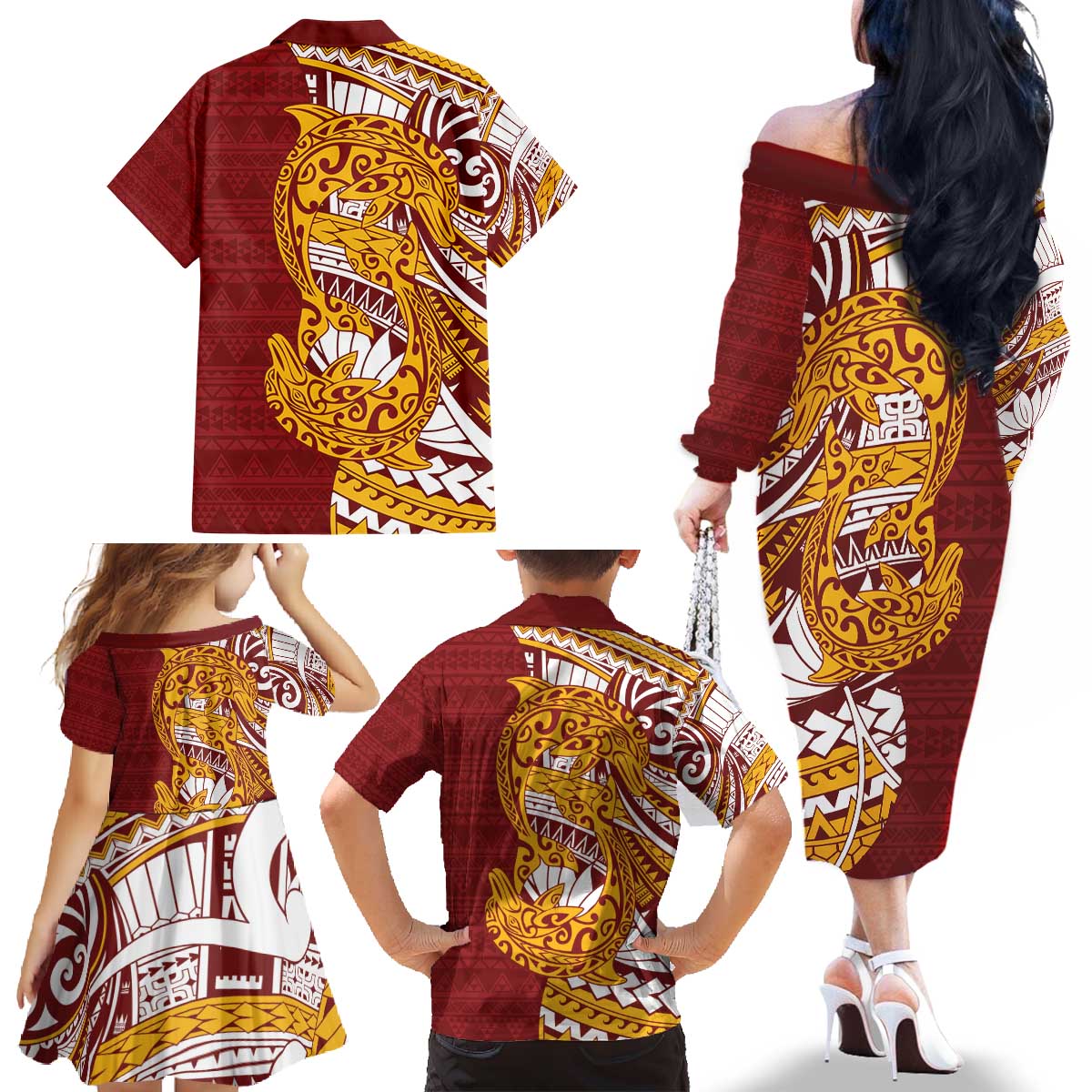 Couple Dolphins Maori Motif Family Matching Off The Shoulder Long Sleeve Dress and Hawaiian Shirt LT9 - Polynesian Pride