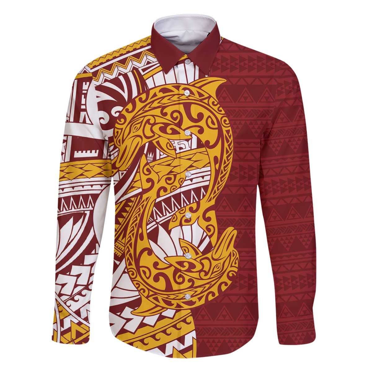 Couple Dolphins Maori Motif Family Matching Off The Shoulder Long Sleeve Dress and Hawaiian Shirt LT9 Dad's Shirt - Long Sleeve Burgundy - Polynesian Pride