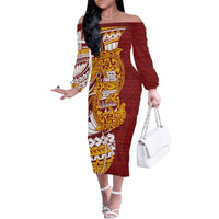 Couple Dolphins Maori Motif Family Matching Off The Shoulder Long Sleeve Dress and Hawaiian Shirt LT9 Mom's Dress Burgundy - Polynesian Pride