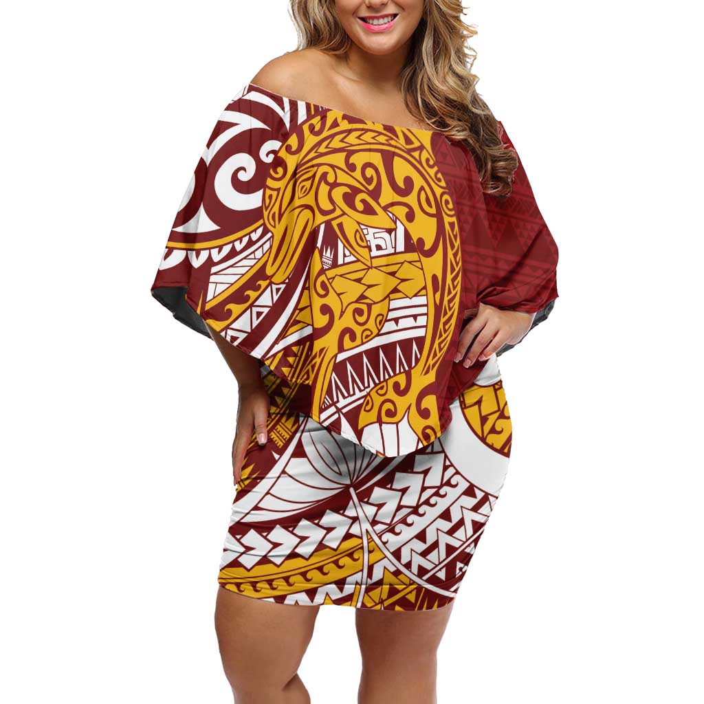 Couple Dolphins Maori Motif Family Matching Off Shoulder Short Dress and Hawaiian Shirt LT9 Mom's Dress Burgundy - Polynesian Pride