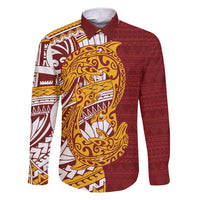 Couple Dolphins Maori Motif Family Matching Short Sleeve Bodycon Dress and Hawaiian Shirt LT9 Dad's Shirt - Long Sleeve Burgundy - Polynesian Pride