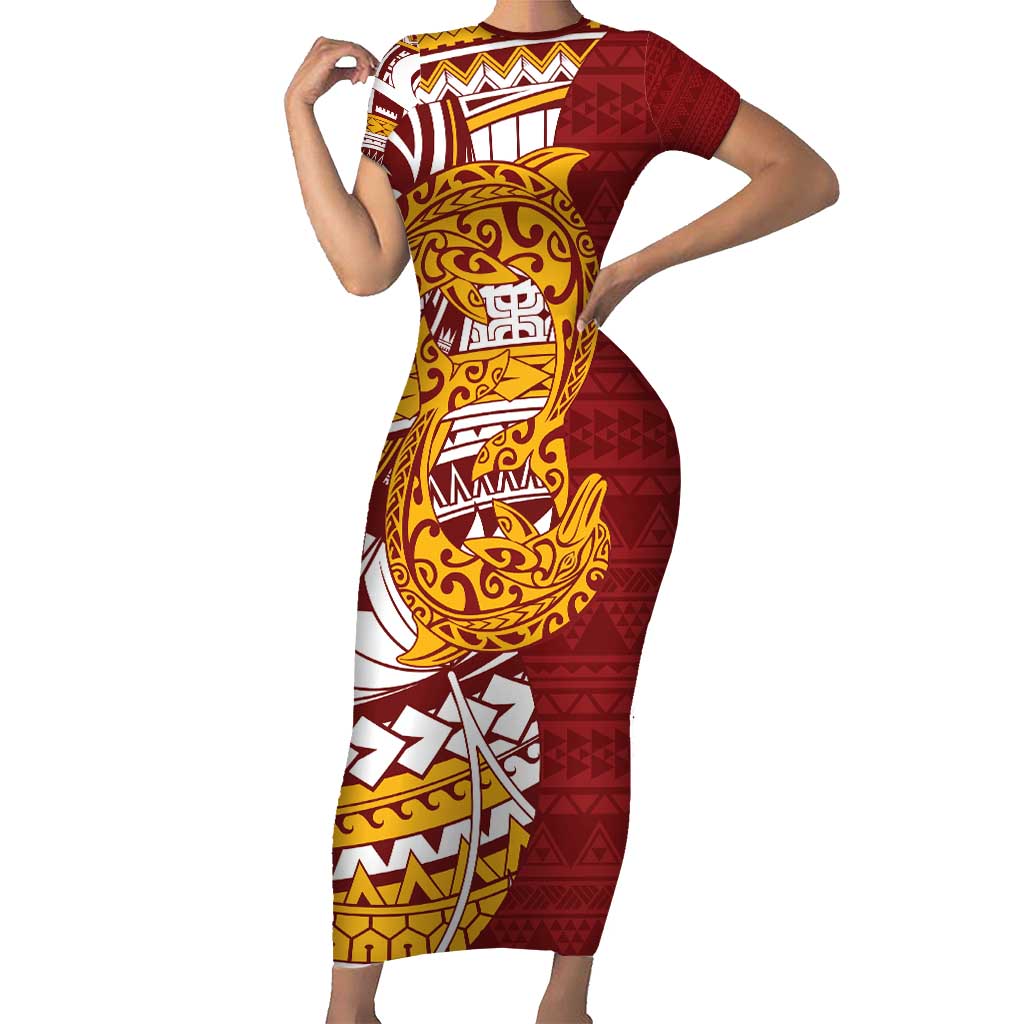 Couple Dolphins Maori Motif Family Matching Short Sleeve Bodycon Dress and Hawaiian Shirt LT9 Mom's Dress Burgundy - Polynesian Pride