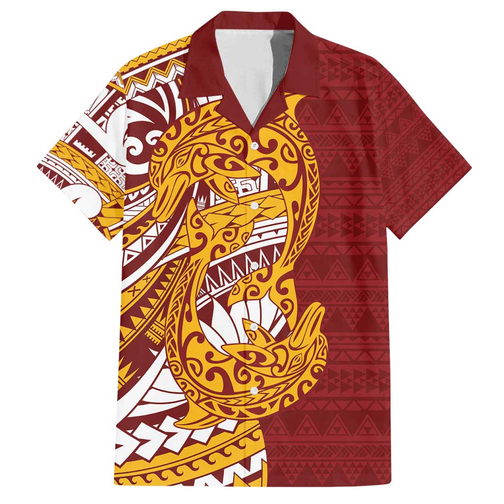 Couple Dolphins Maori Motif Family Matching Tank Maxi Dress and Hawaiian Shirt LT9 Dad's Shirt - Short Sleeve Burgundy - Polynesian Pride