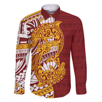 Couple Dolphins Maori Motif Family Matching Tank Maxi Dress and Hawaiian Shirt LT9 Dad's Shirt - Long Sleeve Burgundy - Polynesian Pride
