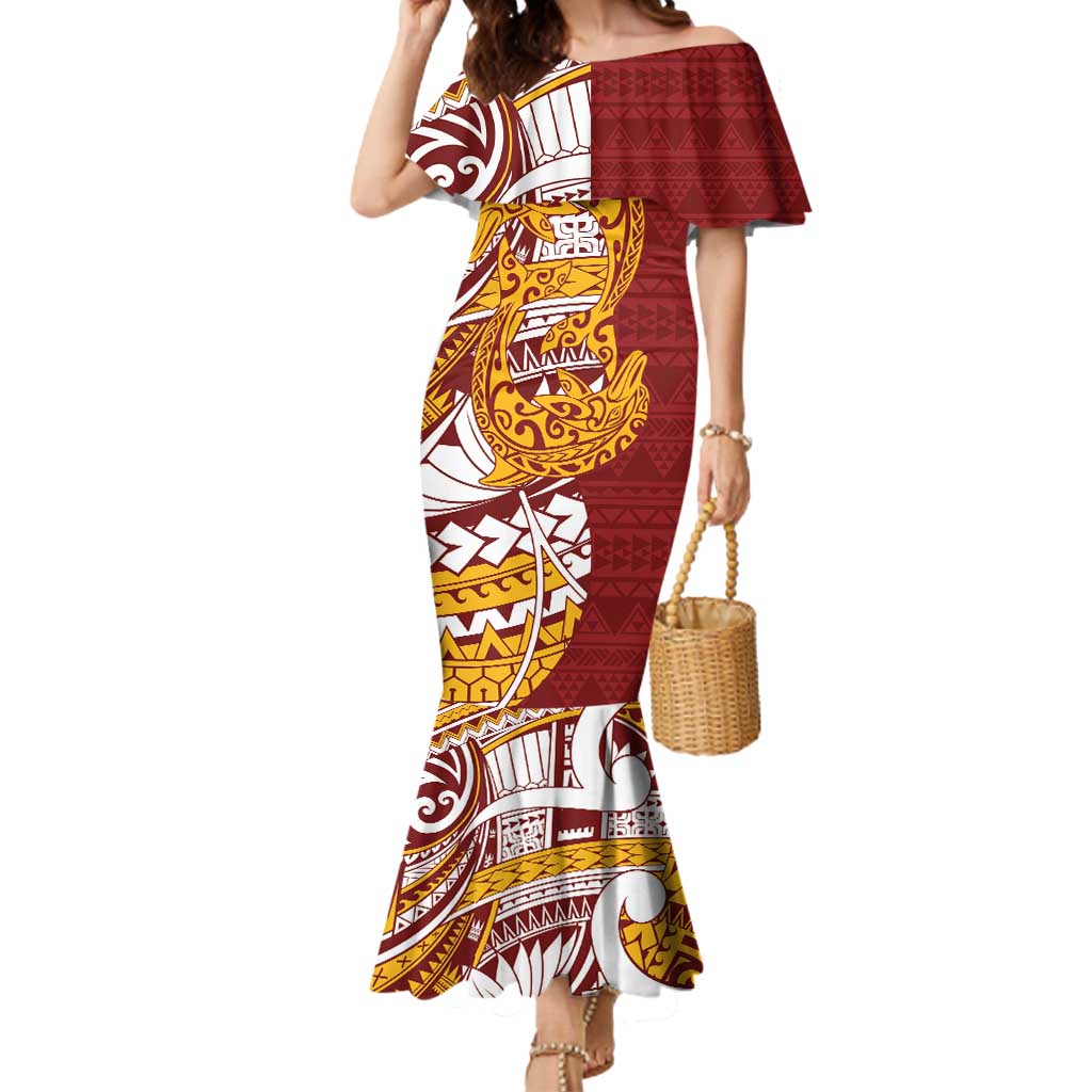 Couple Dolphins Maori Motif Mermaid Dress LT9 Women Burgundy - Polynesian Pride