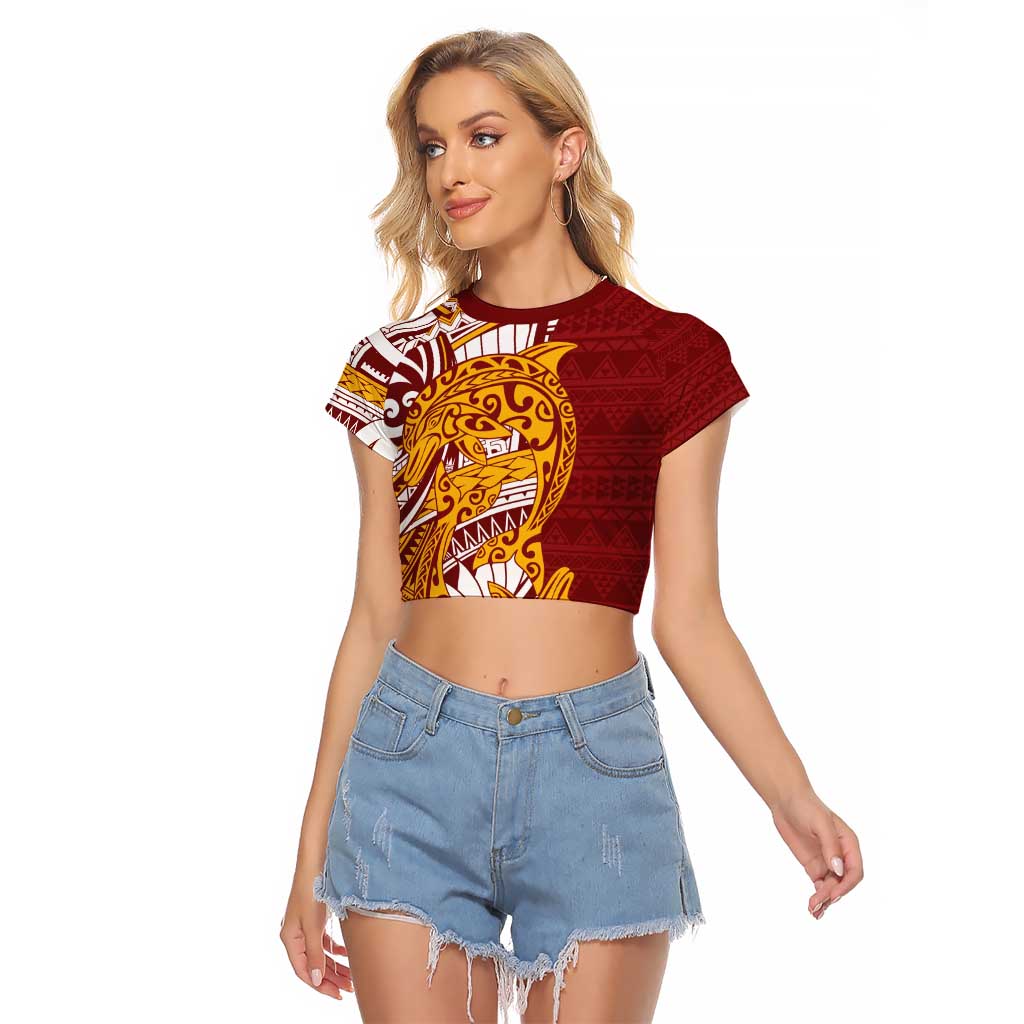 Couple Dolphins Maori Motif Raglan Cropped T Shirt LT9 Female Burgundy - Polynesian Pride