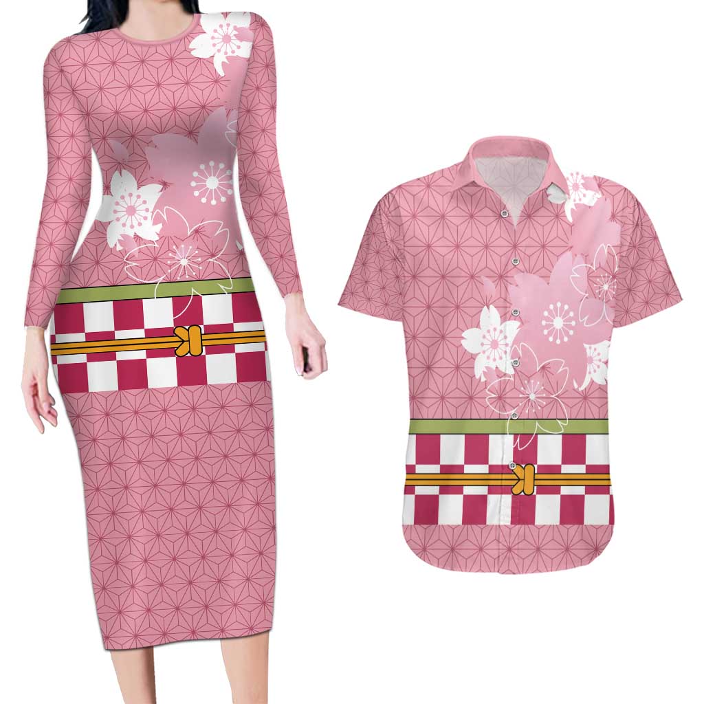 Japanese Asanoha Pattern Couples Matching Long Sleeve Bodycon Dress and Hawaiian Shirt Charm Against Evil Spirits LT9 Pink - Polynesian Pride