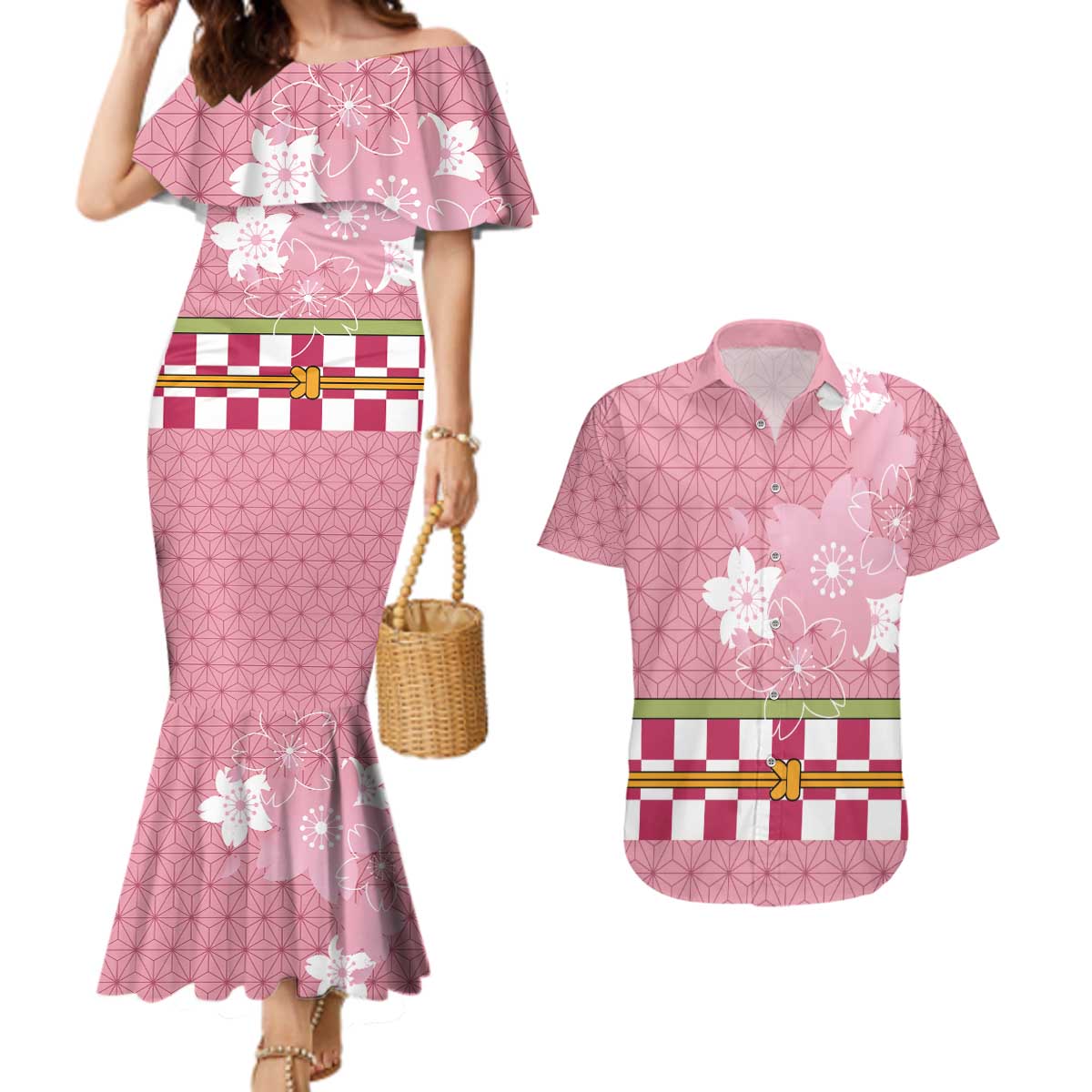 Japanese Asanoha Pattern Couples Matching Mermaid Dress and Hawaiian Shirt Charm Against Evil Spirits LT9 Pink - Polynesian Pride