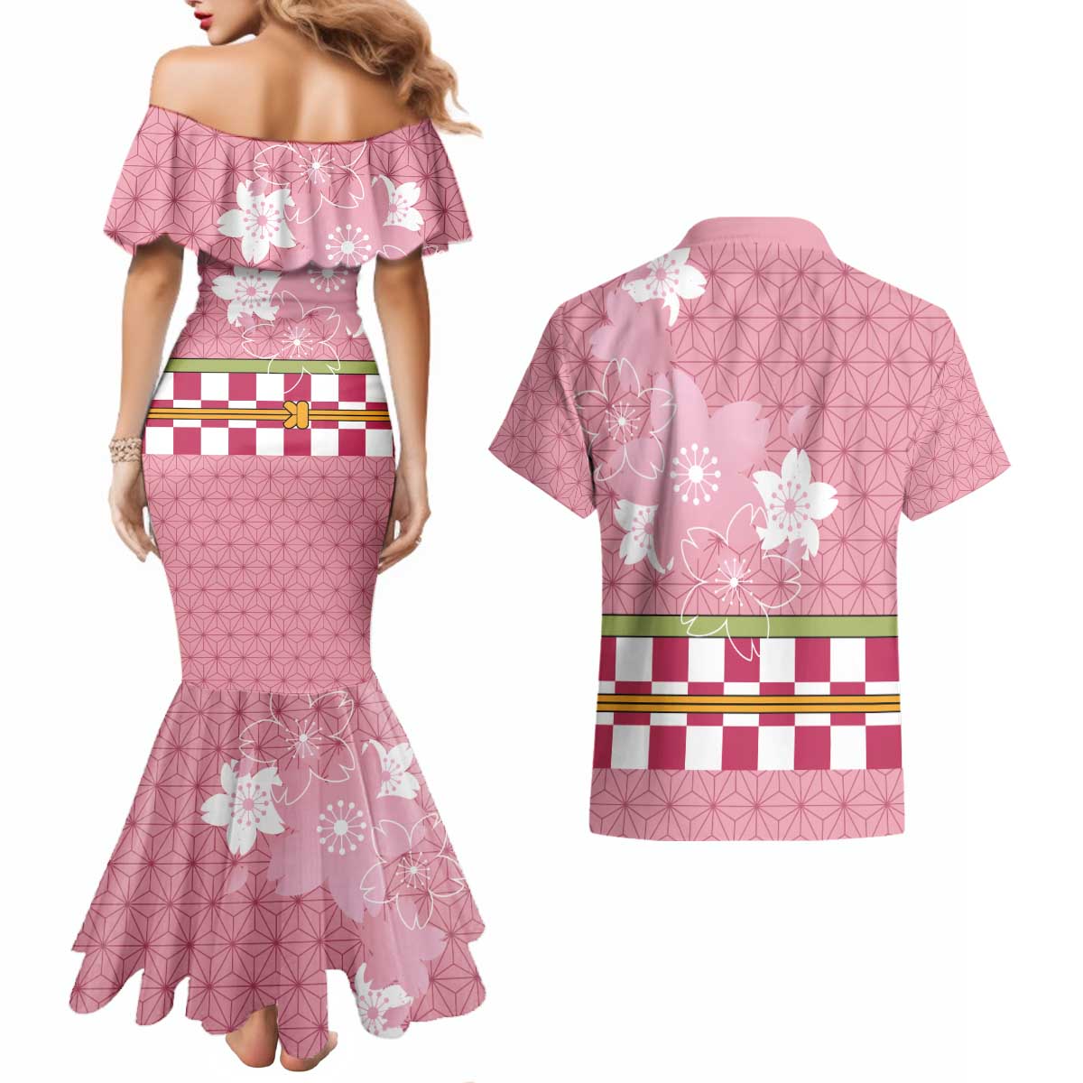 Japanese Asanoha Pattern Couples Matching Mermaid Dress and Hawaiian Shirt Charm Against Evil Spirits - Polynesian Pride