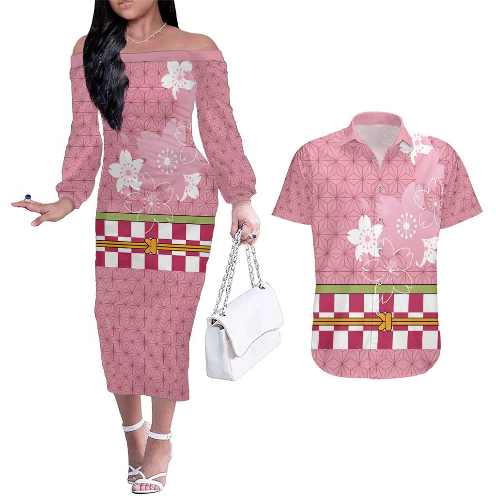 Japanese Asanoha Pattern Couples Matching Off The Shoulder Long Sleeve Dress and Hawaiian Shirt Charm Against Evil Spirits LT9 Pink - Polynesian Pride