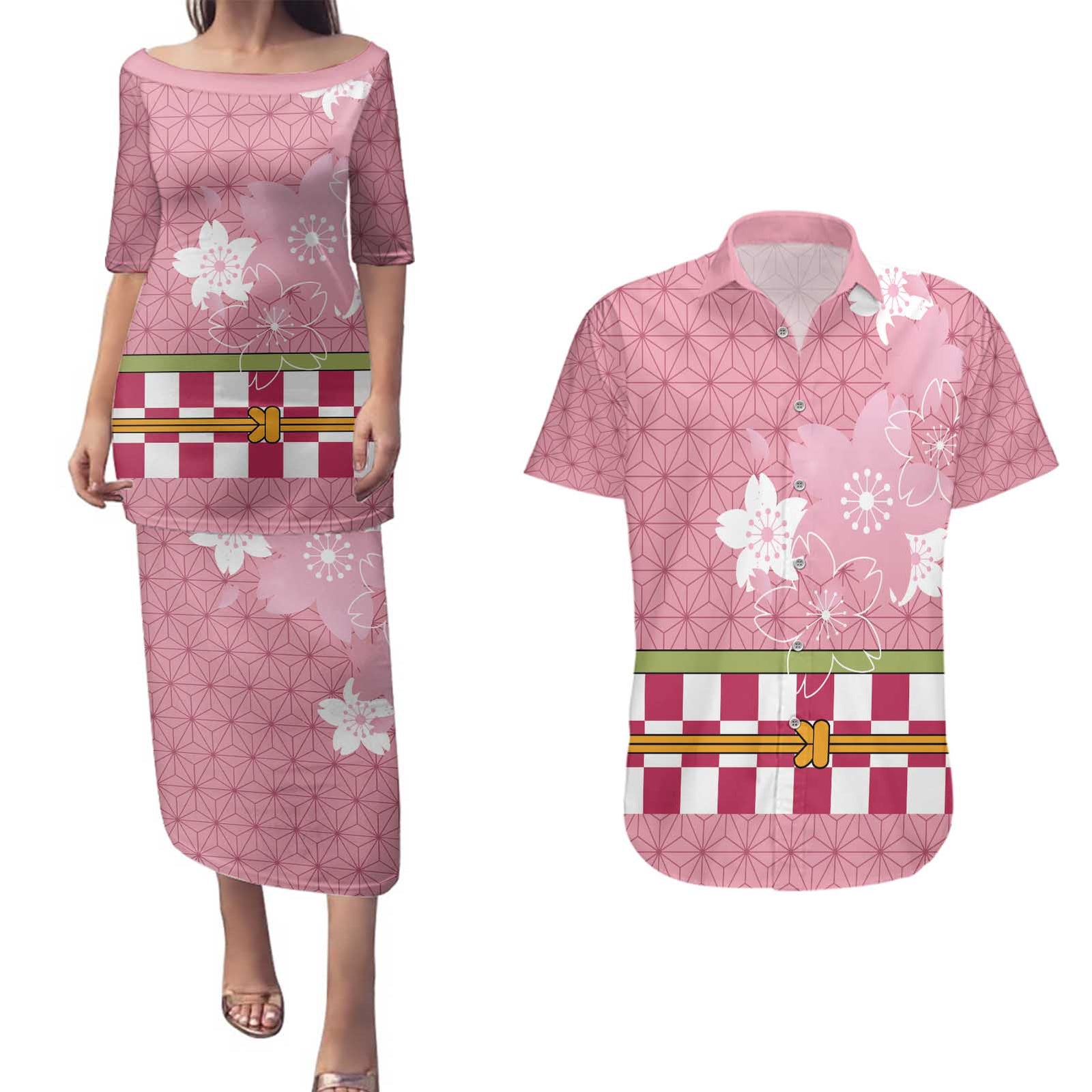 Japanese Asanoha Pattern Couples Matching Puletasi and Hawaiian Shirt Charm Against Evil Spirits LT9 Pink - Polynesian Pride