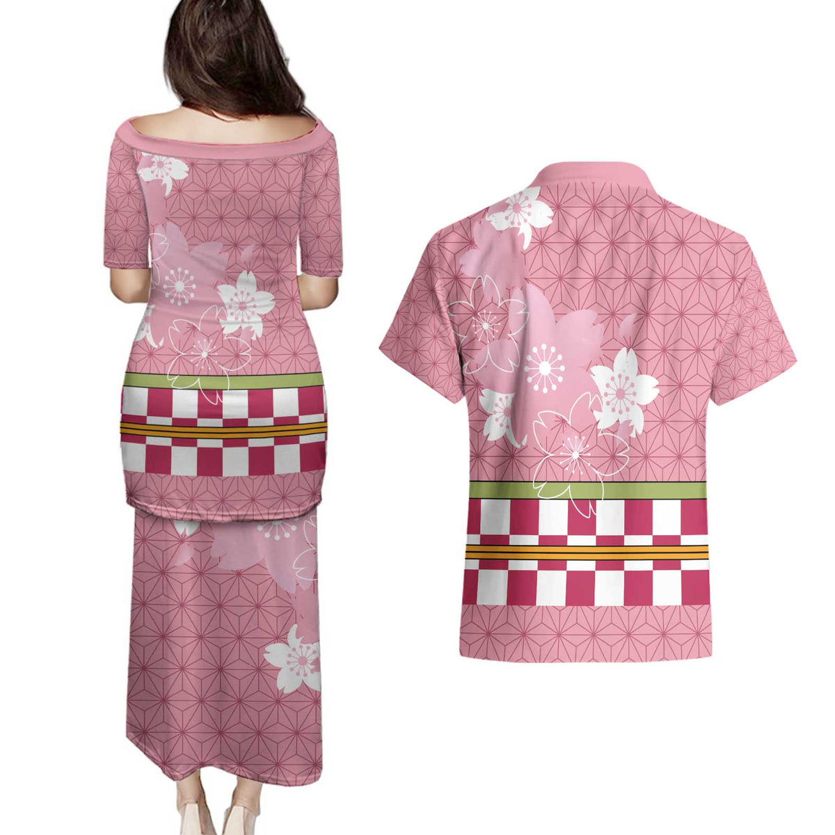 Japanese Asanoha Pattern Couples Matching Puletasi and Hawaiian Shirt Charm Against Evil Spirits - Polynesian Pride