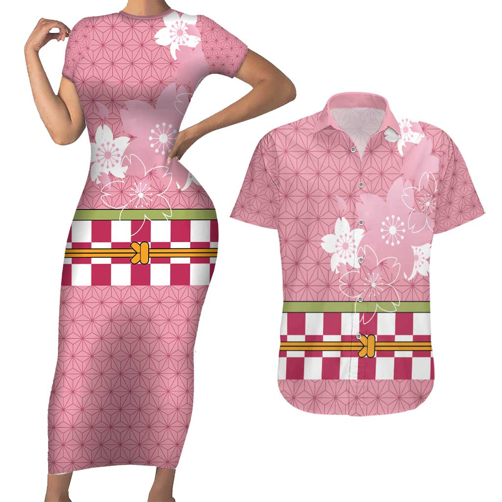 Japanese Asanoha Pattern Couples Matching Short Sleeve Bodycon Dress and Hawaiian Shirt Charm Against Evil Spirits LT9 Pink - Polynesian Pride