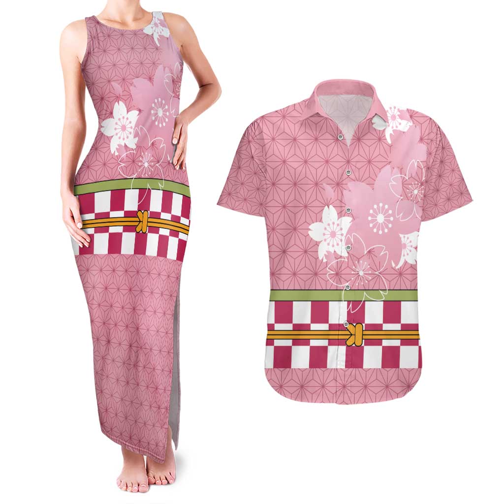Japanese Asanoha Pattern Couples Matching Tank Maxi Dress and Hawaiian Shirt Charm Against Evil Spirits LT9 Pink - Polynesian Pride