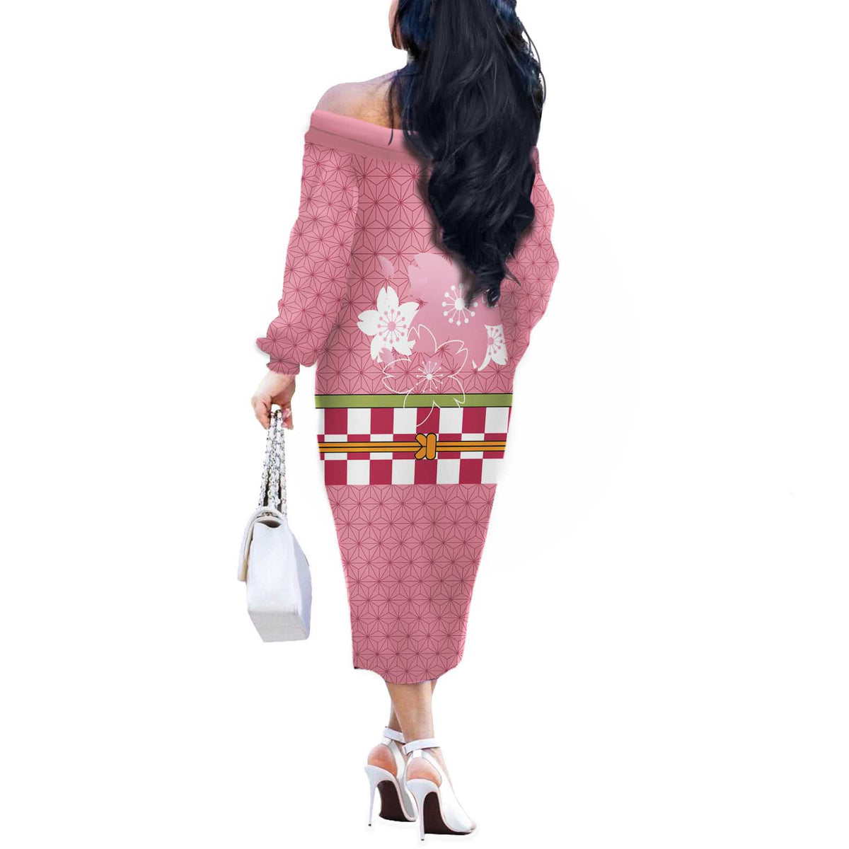 Japanese Asanoha Pattern Off The Shoulder Long Sleeve Dress Charm Against Evil Spirits - Polynesian Pride