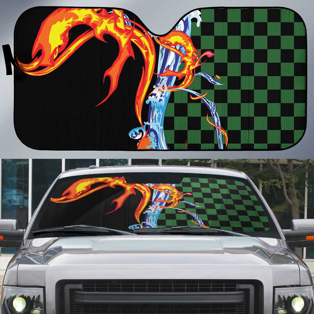 Japanese Asanoha Pattern Auto Sun Shade Sun Flame Slayer Dragon Hinokami Kagura Spirit LT9 Green - Polynesian Pride