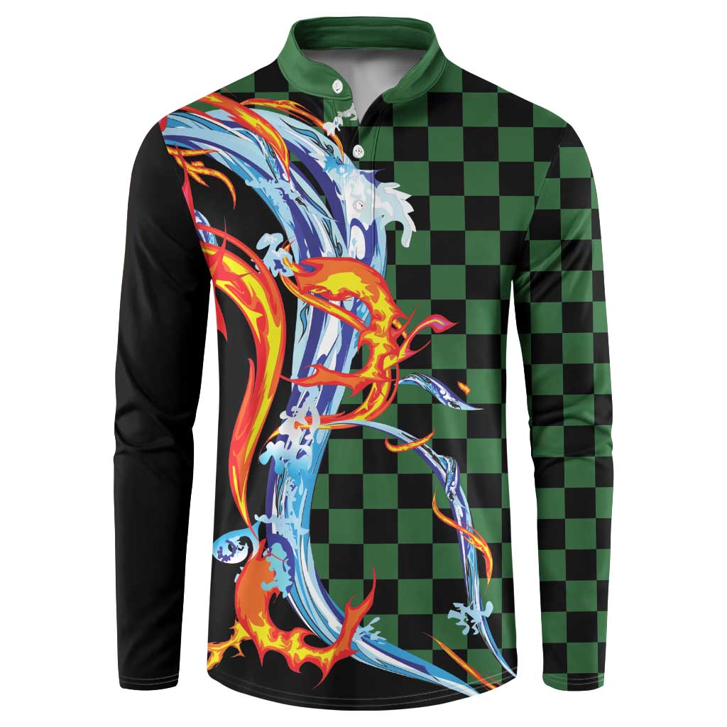 Japanese Asanoha Pattern Button Sweatshirt Sun Flame Slayer Dragon Hinokami Kagura Spirit LT9 Green - Polynesian Pride