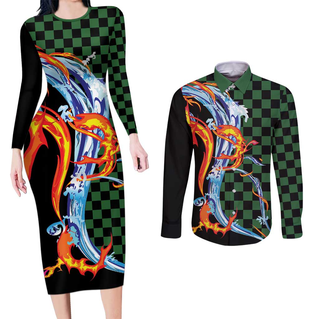 Japanese Asanoha Pattern Couples Matching Long Sleeve Bodycon Dress and Long Sleeve Button Shirt Sun Flame Slayer Dragon Hinokami Kagura Spirit - Polynesian Pride