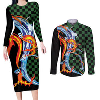 Japanese Asanoha Pattern Couples Matching Long Sleeve Bodycon Dress and Long Sleeve Button Shirt Sun Flame Slayer Dragon Hinokami Kagura Spirit LT9 Green - Polynesian Pride