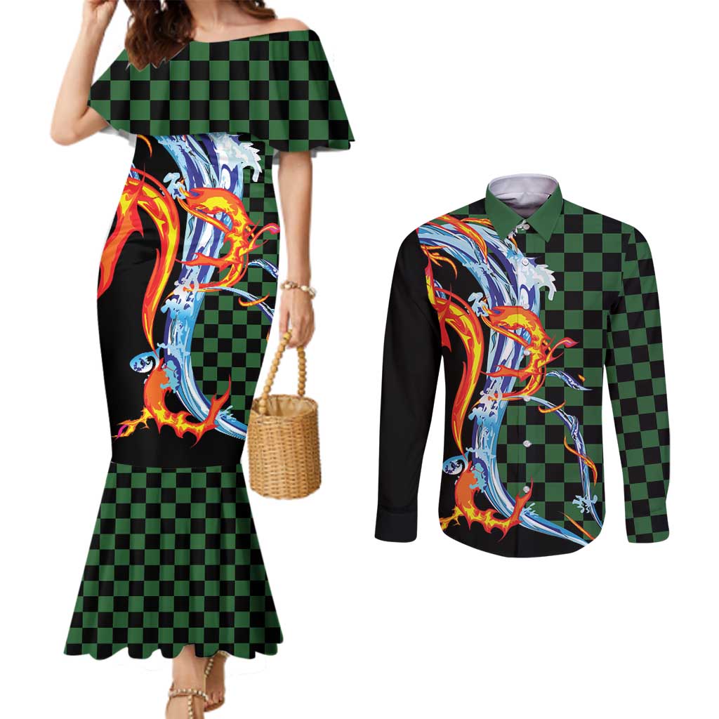 Japanese Asanoha Pattern Couples Matching Mermaid Dress and Long Sleeve Button Shirt Sun Flame Slayer Dragon Hinokami Kagura Spirit - Polynesian Pride