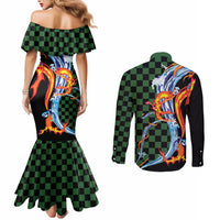 Japanese Asanoha Pattern Couples Matching Mermaid Dress and Long Sleeve Button Shirt Sun Flame Slayer Dragon Hinokami Kagura Spirit LT9 - Polynesian Pride