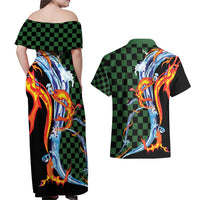 Japanese Asanoha Pattern Couples Matching Off Shoulder Maxi Dress and Hawaiian Shirt Sun Flame Slayer Dragon Hinokami Kagura Spirit LT9 - Polynesian Pride