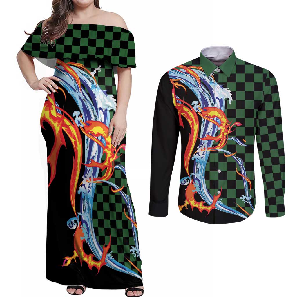 Japanese Asanoha Pattern Couples Matching Off Shoulder Maxi Dress and Long Sleeve Button Shirt Sun Flame Slayer Dragon Hinokami Kagura Spirit - Polynesian Pride