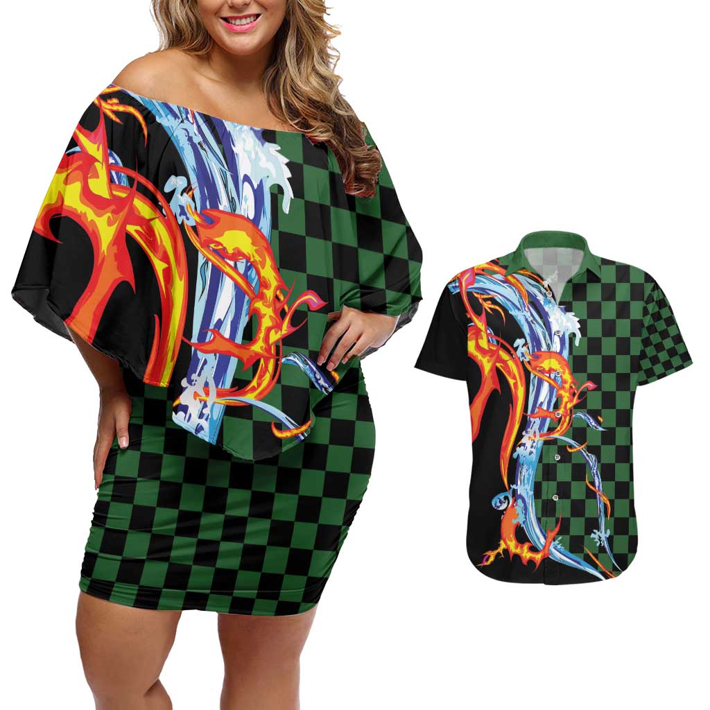 Japanese Asanoha Pattern Couples Matching Off Shoulder Short Dress and Hawaiian Shirt Sun Flame Slayer Dragon Hinokami Kagura Spirit LT9 Green - Polynesian Pride