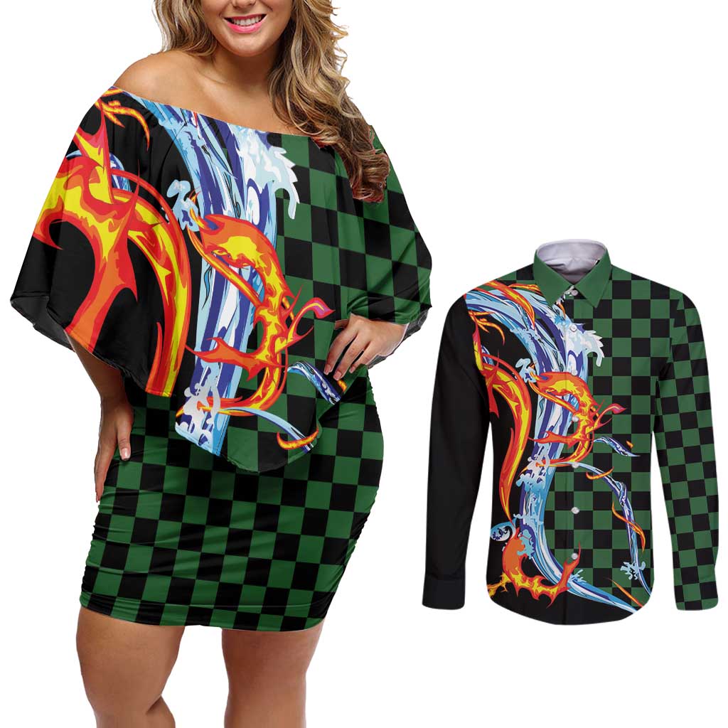Japanese Asanoha Pattern Couples Matching Off Shoulder Short Dress and Long Sleeve Button Shirt Sun Flame Slayer Dragon Hinokami Kagura Spirit - Polynesian Pride