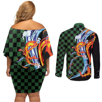 Japanese Asanoha Pattern Couples Matching Off Shoulder Short Dress and Long Sleeve Button Shirt Sun Flame Slayer Dragon Hinokami Kagura Spirit LT9 - Polynesian Pride