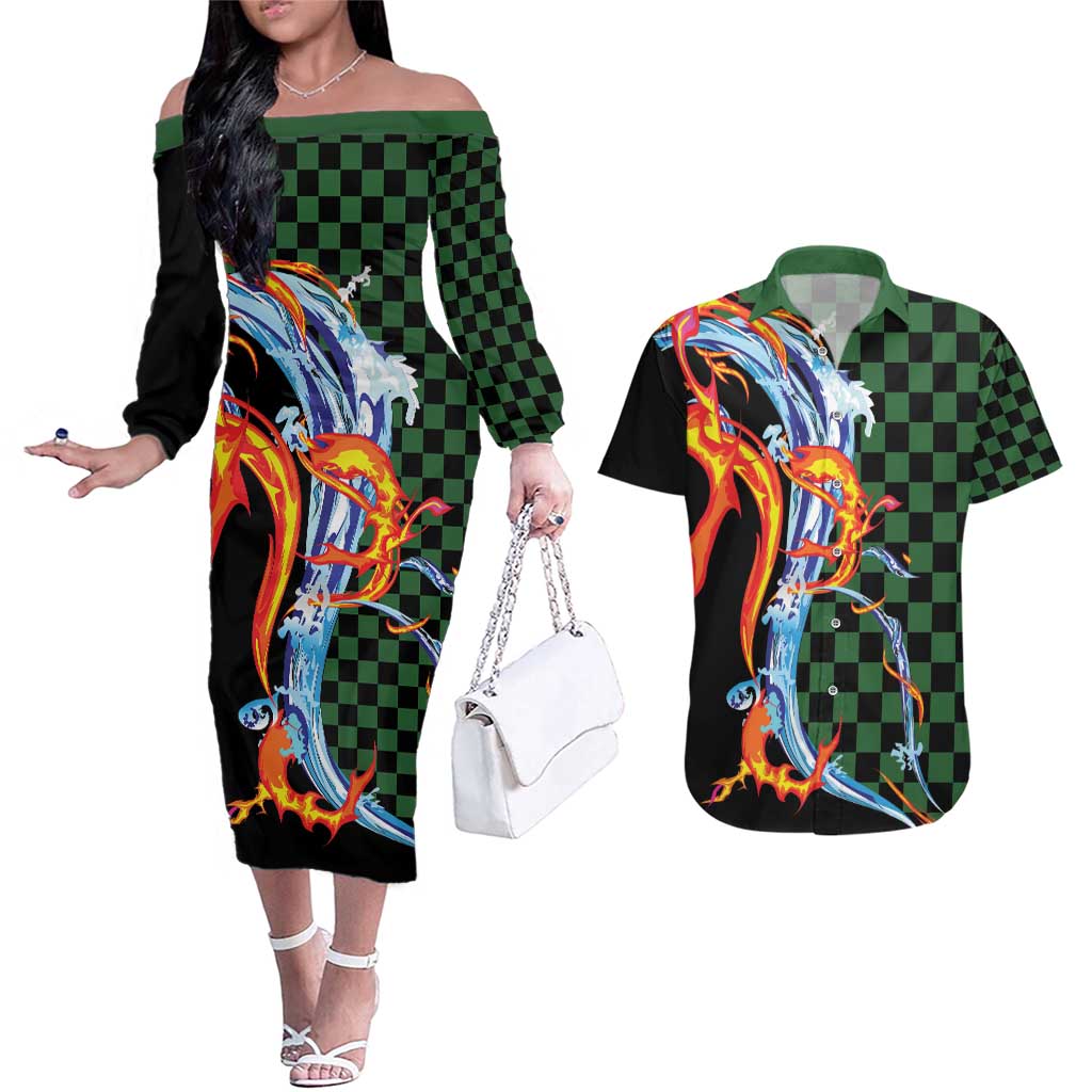 Japanese Asanoha Pattern Couples Matching Off The Shoulder Long Sleeve Dress and Hawaiian Shirt Sun Flame Slayer Dragon Hinokami Kagura Spirit LT9 Green - Polynesian Pride