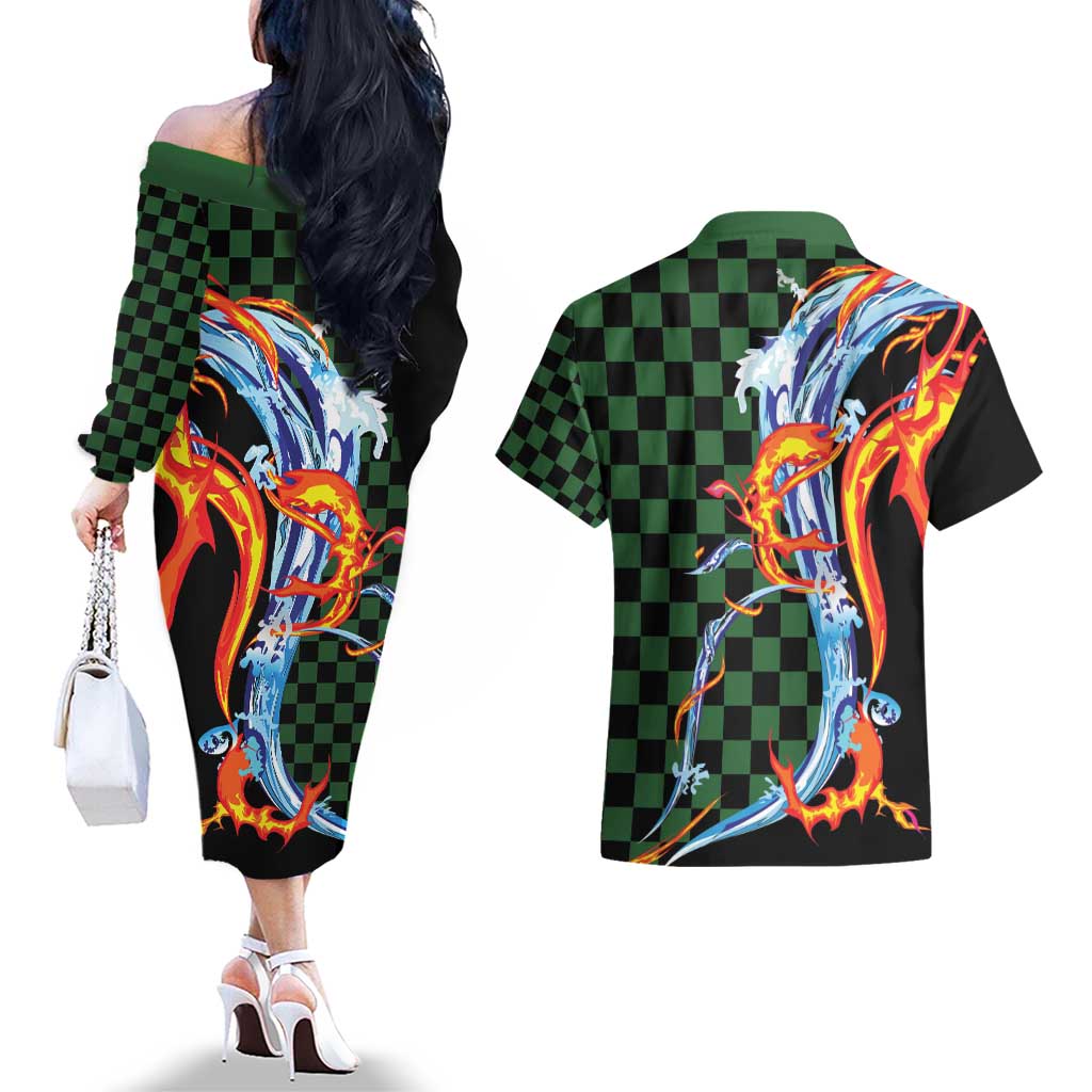 Japanese Asanoha Pattern Couples Matching Off The Shoulder Long Sleeve Dress and Hawaiian Shirt Sun Flame Slayer Dragon Hinokami Kagura Spirit LT9 - Polynesian Pride