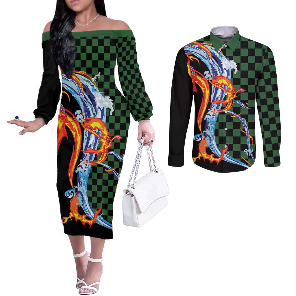 Japanese Asanoha Pattern Couples Matching Off The Shoulder Long Sleeve Dress and Long Sleeve Button Shirt Sun Flame Slayer Dragon Hinokami Kagura Spirit - Polynesian Pride