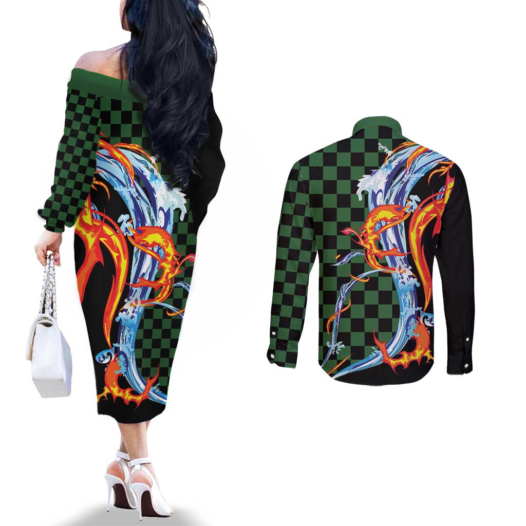 Japanese Asanoha Pattern Couples Matching Off The Shoulder Long Sleeve Dress and Long Sleeve Button Shirt Sun Flame Slayer Dragon Hinokami Kagura Spirit LT9 - Polynesian Pride