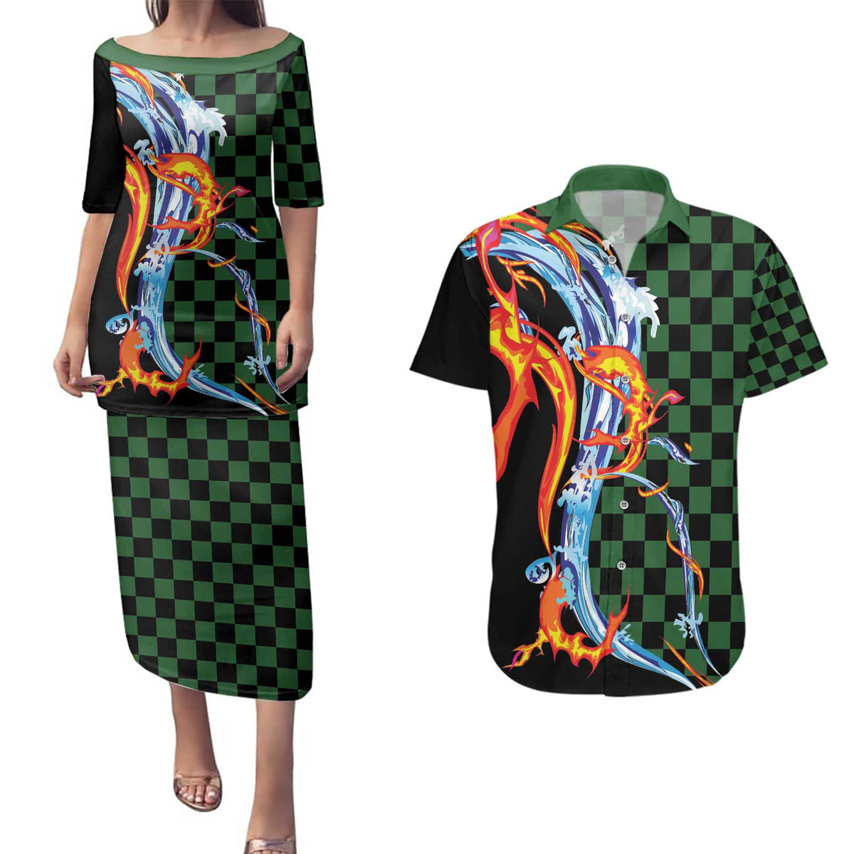 Japanese Asanoha Pattern Couples Matching Puletasi and Hawaiian Shirt Sun Flame Slayer Dragon Hinokami Kagura Spirit LT9 Green - Polynesian Pride