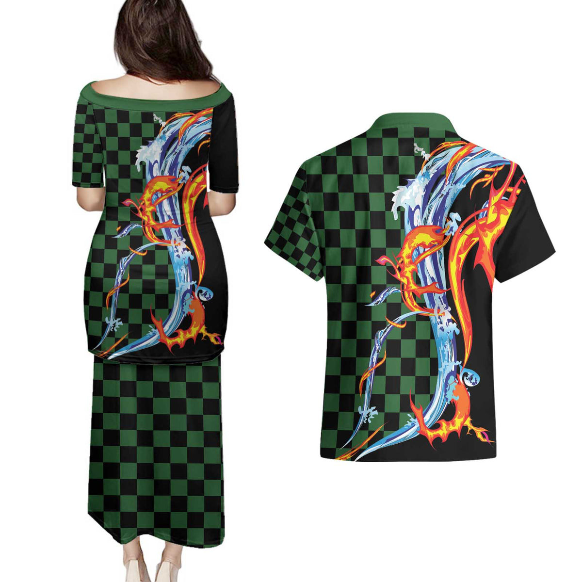 Japanese Asanoha Pattern Couples Matching Puletasi and Hawaiian Shirt Sun Flame Slayer Dragon Hinokami Kagura Spirit LT9 - Polynesian Pride