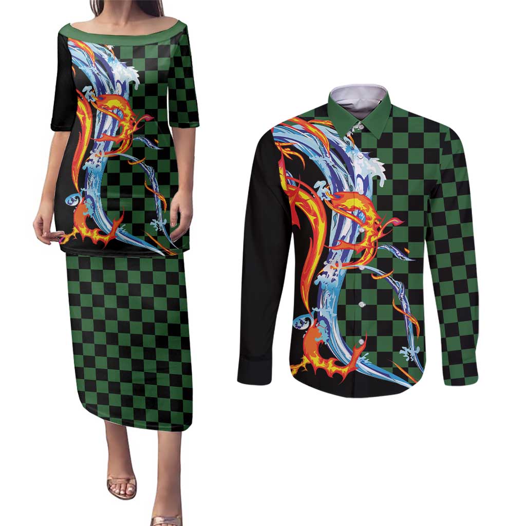 Japanese Asanoha Pattern Couples Matching Puletasi and Long Sleeve Button Shirt Sun Flame Slayer Dragon Hinokami Kagura Spirit - Polynesian Pride