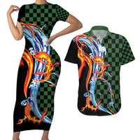 Japanese Asanoha Pattern Couples Matching Short Sleeve Bodycon Dress and Hawaiian Shirt Sun Flame Slayer Dragon Hinokami Kagura Spirit LT9 Green - Polynesian Pride