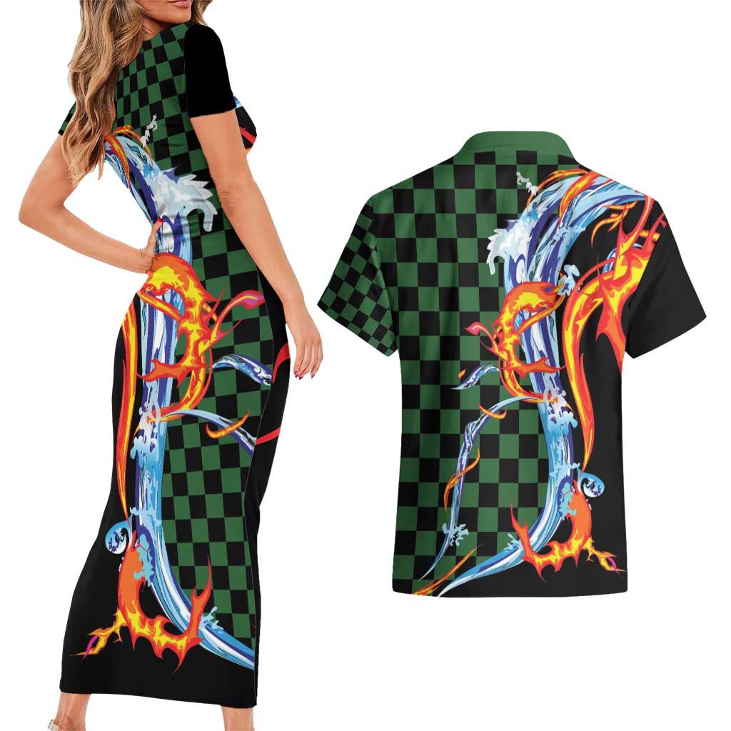 Japanese Asanoha Pattern Couples Matching Short Sleeve Bodycon Dress and Hawaiian Shirt Sun Flame Slayer Dragon Hinokami Kagura Spirit LT9 - Polynesian Pride