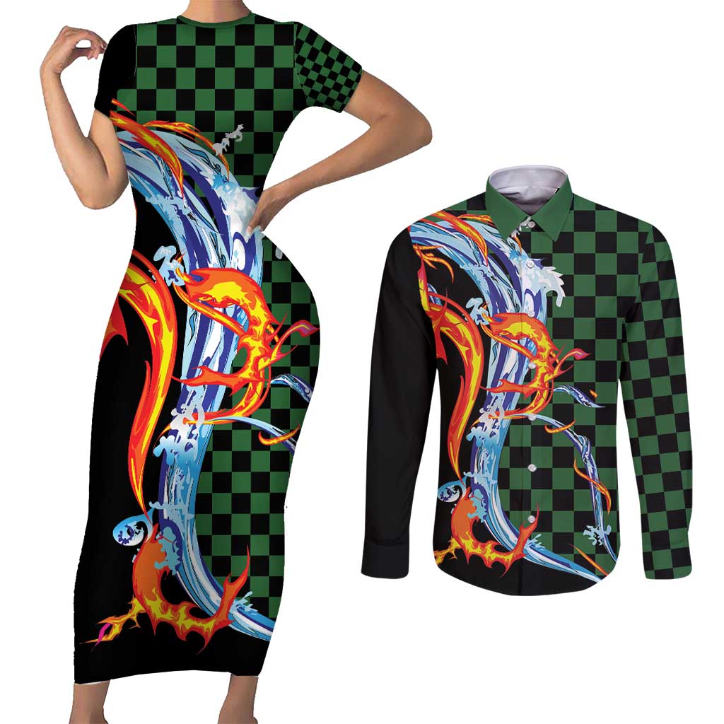 Japanese Asanoha Pattern Couples Matching Short Sleeve Bodycon Dress and Long Sleeve Button Shirt Sun Flame Slayer Dragon Hinokami Kagura Spirit - Polynesian Pride