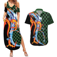 Japanese Asanoha Pattern Couples Matching Summer Maxi Dress and Hawaiian Shirt Sun Flame Slayer Dragon Hinokami Kagura Spirit LT9 Green - Polynesian Pride