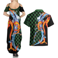 Japanese Asanoha Pattern Couples Matching Summer Maxi Dress and Hawaiian Shirt Sun Flame Slayer Dragon Hinokami Kagura Spirit LT9 - Polynesian Pride