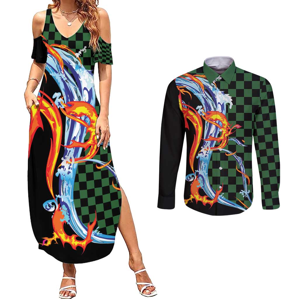 Japanese Asanoha Pattern Couples Matching Summer Maxi Dress and Long Sleeve Button Shirt Sun Flame Slayer Dragon Hinokami Kagura Spirit - Polynesian Pride