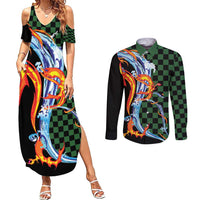 Japanese Asanoha Pattern Couples Matching Summer Maxi Dress and Long Sleeve Button Shirt Sun Flame Slayer Dragon Hinokami Kagura Spirit LT9 Green - Polynesian Pride