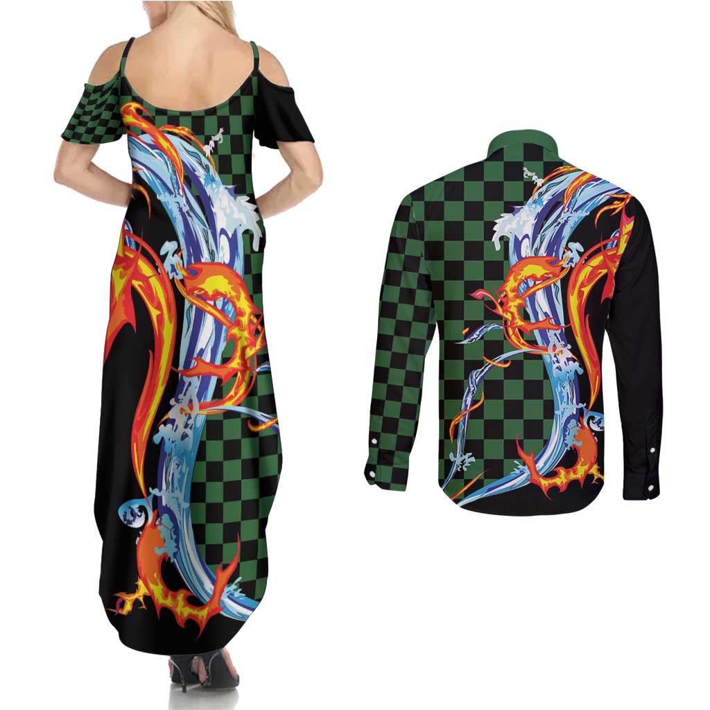 Japanese Asanoha Pattern Couples Matching Summer Maxi Dress and Long Sleeve Button Shirt Sun Flame Slayer Dragon Hinokami Kagura Spirit LT9 - Polynesian Pride