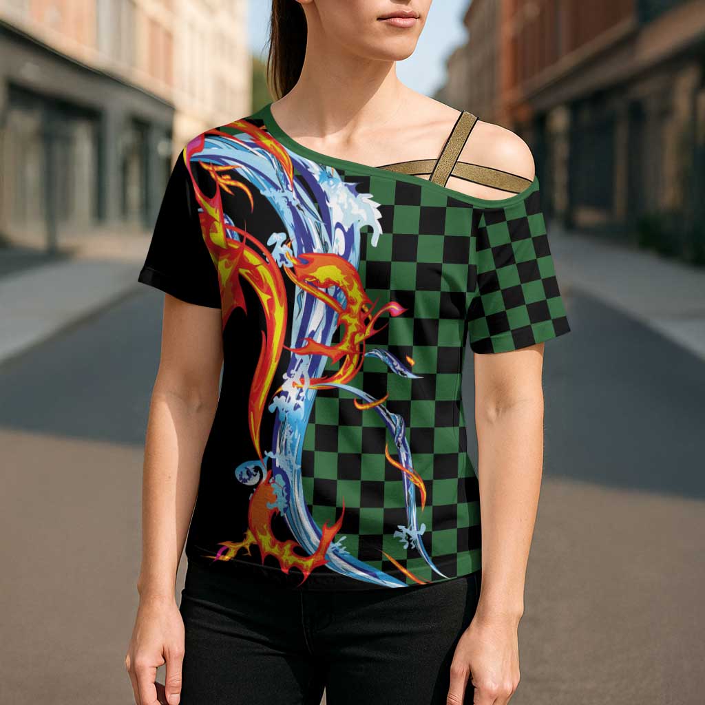Japanese Asanoha Pattern Cross Shoulder Shirt Sun Flame Slayer Dragon Hinokami Kagura Spirit - Polynesian Pride
