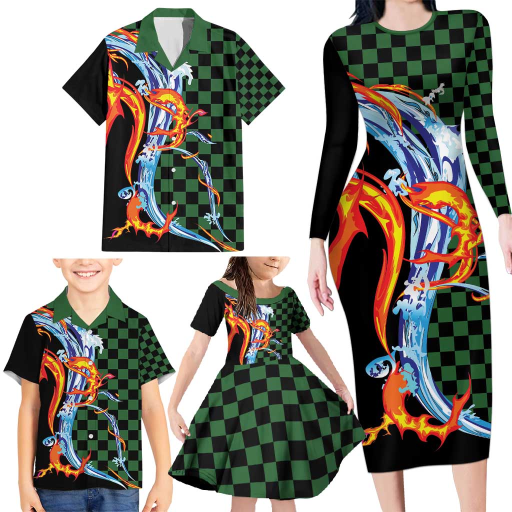Japanese Asanoha Pattern Family Matching Long Sleeve Bodycon Dress and Hawaiian Shirt Sun Flame Slayer Dragon Hinokami Kagura Spirit LT9 - Polynesian Pride