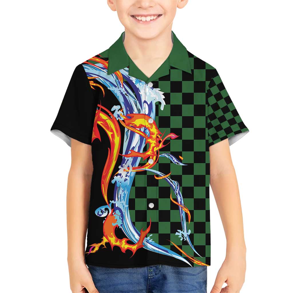 Japanese Asanoha Pattern Family Matching Long Sleeve Bodycon Dress and Hawaiian Shirt Sun Flame Slayer Dragon Hinokami Kagura Spirit LT9 Son's Shirt Green - Polynesian Pride