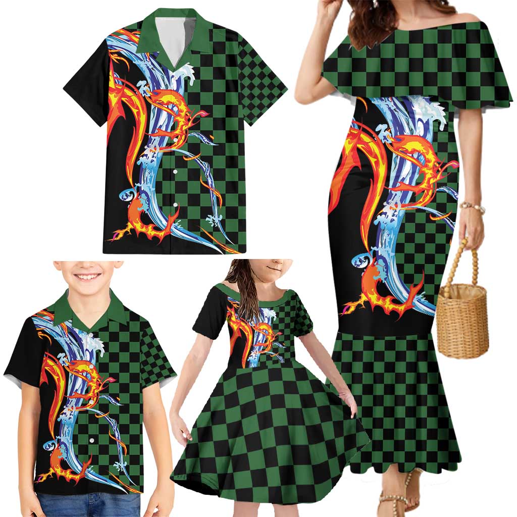 Japanese Asanoha Pattern Family Matching Mermaid Dress and Hawaiian Shirt Sun Flame Slayer Dragon Hinokami Kagura Spirit LT9 - Polynesian Pride